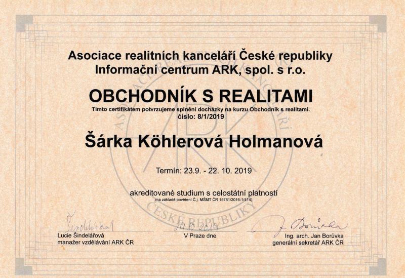 certifikat Šárka Holmanová - asociace realitních kanceláří
